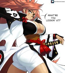 Rule 34 | 1girl, absurdres, annoyed, ass, baiken, breasts, cleavage, echo saber, english text, eyepatch, from behind, guilty gear, guilty gear strive, haori, highres, japanese clothes, large breasts, long hair, looking at viewer, looking back, pink hair, ponytail, red eyes, sarashi, scar, sheath, sheathed, shiny skin, short shorts, shorts, solo, sword, very long hair, weapon
