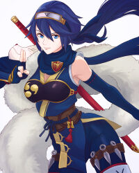 1girl absurdres blue_eyes blue_gloves blue_hair blue_scarf brand_of_the_exalt closed_mouth commentary detached_sleeves english_commentary eyelashes fingerless_gloves fire_emblem fire_emblem_awakening fire_emblem_heroes forehead_protector gloves hair_between_eyes highres japanese_clothes kuji-in kunai long_hair looking_at_viewer lucina_(fire_emblem) lucina_(ninja)_(fire_emblem) mask mask_on_shoulder mouth_mask ninja ninja_mask nintendo official_alternate_costume ponytail scarf single_bare_shoulder solo symbol_in_eye truejekart very_long_hair weapon white_background