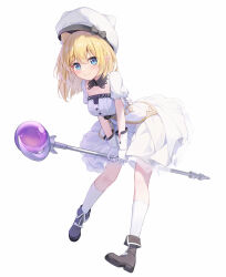 Rule 34 | 1girl, absurdres, aimh, alice in cradle, animal ears, animal hat, beret, between legs, black footwear, blonde hair, blue eyes, boots, breasts, closed mouth, commentary request, dress, fake animal ears, full body, hair between eyes, hat, highres, holding, holding staff, kneehighs, leaning forward, long hair, looking at viewer, medium breasts, noelle (alice in cradle), orb, pleated dress, pointy ears, puffy short sleeves, puffy sleeves, short sleeves, simple background, smile, socks, solo, staff, white background, white dress, white hat, white socks