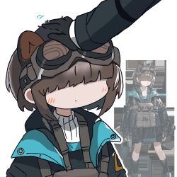 Rule 34 | 1girl, 1other, arknights, banbon, brown hair, character request, closed mouth, commentary, covered eyes, dot mouth, goggles, goggles on head, hair over eyes, hand on another&#039;s head, headpat, jacket, reference inset, short hair, simple background, sweater, turtleneck, turtleneck sweater, upper body, white background