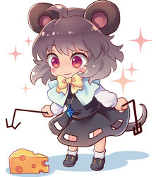 Rule 34 | 1girl, animal ears, bow, cheese, chibi, dowsing rod, dress, gem, grey dress, grey hair, jewelry, long sleeves, looking at viewer, mouse ears, mouse tail, nazrin, necklace, pendant, red eyes, shirt, smile, solo, sparkle, tail, tomobe kinuko, touhou