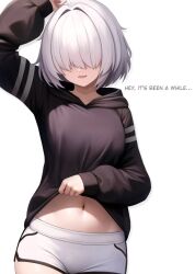 Rule 34 | 1girl, arc 9 (mikoscrub), arm up, black hoodie, clothes lift, english text, hair over eyes, highres, hood, hood down, hoodie, hoodie lift, lifted by self, long sleeves, mikoscrub, navel, open mouth, original, short hair, shorts, simple background, smile, solo, white background, white hair, white shorts