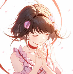 Rule 34 | 1girl, black hair, choker, closed eyes, dress, hair ornament, highres, interlocked fingers, lyra-kotto, own hands together, petals, pink dress, praying, reala (tales), red choker, short hair, solo, tales of (series), tales of destiny 2, upper body, white background