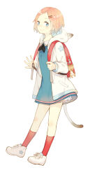 Rule 34 | 1girl, animal hood, backpack, bad id, bad pixiv id, bag, bag charm, black neckerchief, blonde hair, blue dress, blue hair, cat, cat hood, cat tail, character request, charm (object), closed mouth, copyright request, dress, full body, hair ornament, hairclip, holding strap, hood, hooded jacket, jacket, looking at viewer, neckerchief, open hand, polka dot neckerchief, red bag, red socks, seuga, shoes, short hair, simple background, smile, sneakers, socks, solo, standing, star (symbol), star print, tachi-e, tail, white background, white jacket