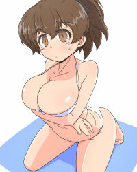 Rule 34 | 1girl, alternate costume, arms under breasts, barefoot, bikini, breasts, brown eyes, brown hair, girls und panzer, hanging breasts, highres, koyama yuzu, large breasts, looking at viewer, official alternate costume, ponytail, renshiu, shiny skin, simple background, solo, swimsuit, white background, white bikini, wide hips