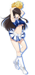Rule 34 | 1girl, armpits, arms behind head, arms up, black hair, blue shirt, blunt bangs, breasts, brown eyes, cheerleader, crop top, frown, full body, girls und panzer, highres, holding, holding pom poms, large breasts, legs, long hair, looking at viewer, matou, mature female, miniskirt, navel, nishizumi shiho, pom pom (cheerleading), pom poms, shirt, shoes, simple background, skirt, sleeveless, sleeveless shirt, sneakers, socks, solo, stomach, straight hair, thighs, two-tone skirt, underboob, white footwear, white skirt, white socks