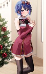 Rule 34 | 1girl, bare shoulders, black ribbon, black thighhighs, blue hair, blush, bow, breasts, chigusa minori, christmas, commentary request, cover, cover image, detached sleeves, dress, fur collar, hair bow, hair ribbon, hands up, highres, himeno akira, indoors, jitsuha imouto deshita., long sleeves, looking at viewer, official art, parted lips, red bow, red dress, red ribbon, ribbon, second-party source, short hair, sidelocks, sleeveless, sleeveless dress, sleeves past wrists, small breasts, solo, standing, steepled fingers, thighhighs, zettai ryouiki