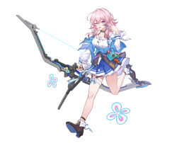 Rule 34 | 1girl, absurdres, ankle boots, black choker, black footwear, blue skirt, boots, bow (weapon), breasts, camera, choker, full body, hand up, highres, holding, holding bow (weapon), holding weapon, honkai: star rail, honkai (series), jacket, long sleeves, looking at viewer, march 7th (honkai: star rail), medium breasts, medium hair, meng qian guang, multicolored eyes, one eye closed, pink hair, shirt, simple background, skirt, solo, thighlet, tied jacket, tongue, tongue out, v, weapon, white background, white shirt