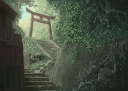 Rule 34 | absurdres, day, forest, from below, grass, highres, kake (kakelele), light rays, nature, no humans, original, outdoors, plant, retaining wall, rock, scenery, shrine, stairs, stone stairs, stone wall, sunbeam, sunlight, torii, tree, vines, wall