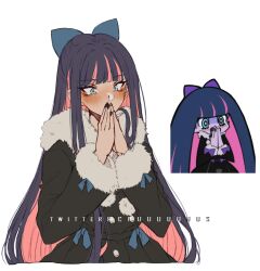 Rule 34 | 1girl, artist name, black hair, black nails, blunt bangs, blush, bow, commentary, covered mouth, criis-chan, cropped torso, fur-trimmed jacket, fur trim, grey eyes, hair bow, hands up, jacket, long hair, long sleeves, multicolored hair, multiple views, nail polish, official alternate costume, own hands together, palms together, panty &amp; stocking with garterbelt, pink hair, simple background, stocking (psg), two-tone hair, white background