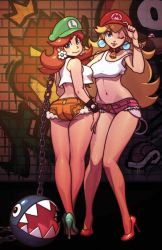 Rule 34 | 2girls, ass, bad id, bad tumblr id, ball and chain (weapon), bangle, bare arms, bare legs, bare shoulders, bell, big hair, bracelet, capcom, chain chomp, collar, cosplay, crop top, crop top overhang, curvy, cutoffs, denim, denim shorts, earrings, facing viewer, final fight, flower earrings, full body, graffiti, green footwear, hat, high heels, jewelry, long hair, looking at viewer, looking back, mario (series), midriff, multiple girls, navel, neck bell, nintendo, no bra, no socks, off shoulder, one eye closed, orange shorts, pink hair, pink shorts, poison (final fight), poison (final fight) (cosplay), princess daisy, princess peach, pumps, revealing clothes, robaato, roxy (cosplay), roxy (final fight), shoes, short shorts, shorts, smile, standing, stiletto heels, strap slip, super mario land, tank top, wide hips, wink, yellow footwear