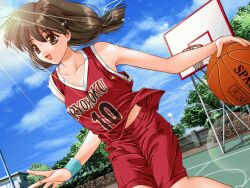 Rule 34 | 1girl, :d, armband, ball, basketball, basketball (object), basketball court, basketball hoop, basketball jersey, breasts, brown hair, enishi sanae, game cg, green armband, large breasts, medium hair, mitsumi misato, open mouth, outdoors, pia carrot (series), pia carrot e youkoso!! 2, smile, solo