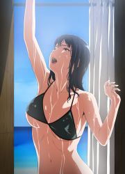 Rule 34 | 1girl, absurdres, areola slip, arm up, backlighting, beach, bikini, bikini top only, black hair, blue sky, breasts, cleavage, collarbone, curtains, day, fingernails, green eyes, highres, kakitama, lips, medium breasts, messy hair, navel, open mouth, original, outdoors, outstretched arm, sky, summer, sweat, swimsuit, toilet stall, underboob, upper body, water, wet, wet hair