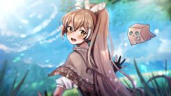Rule 34 | 1girl, bag, blurry, blurry foreground, brown cloak, brown eyes, brown hair, cloak, feather hair ornament, feathers, friend (nanashi mumei), gloves, hair ornament, hairclip, hieroglyphics, highres, hololive, hololive english, hood, hooded cloak, long hair, maru ccy, multicolored hair, nanashi mumei, open mouth, paper bag, partially fingerless gloves, ponytail, shirt, streaked hair, very long hair, virtual youtuber, white shirt