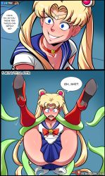 Rule 34 | 27lsd, 2koma, absurdres, ass, bishoujo senshi sailor moon, blush, breasts, cleavage, comic, defeat, english text, highres, instant loss, magical girl, meme, no panties, profanity, sailor moon, sailor moon redraw challenge (meme), school uniform, skirt, smile, speech bubble, spread legs, tentacles, tsukino usagi, you gonna get raped