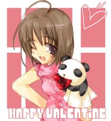 Rule 34 | 1girl, espresso, fang, hand puppet, happy valentine, heart, one eye closed, panda, puppet, solo, tsukamichi fumi, valentine, wink