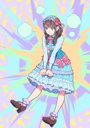 Rule 34 | 1girl, abstract background, aqua eyes, blue dress, bow, brown footwear, dress, footwear bow, frilled dress, frilled hairband, frilled socks, frills, full body, hairband, long sleeves, nobile1031, original, red bow, shoes, socks, solo, white socks