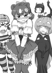 Rule 34 | &gt; &lt;, 10s, 4girls, :d, ^ ^, african wild dog (kemono friends), alternate costume, animal ears, bad id, bad pixiv id, bare shoulders, bear ears, belt, blush, bow, braid, brown bear (kemono friends), chibi, closed eyes, closed mouth, collarbone, crescent, crossover, cutoffs, detached sleeves, dirndl, dress, embarrassed, extra ears, fake horns, fake wings, french braid, frilled legwear, frills, german clothes, gloves, godzilla, godzilla (series), godzilla (shin), golden snub-nosed monkey (kemono friends), greyscale, hair ornament, halloween, halloween costume, hat, highres, holding, holding clothes, holding hat, horns, jack-o&#039;-lantern, kemono friends, kishida shiki, laughing, long dress, looking at another, looking to the side, midriff, monochrome, multicolored hair, multiple girls, nose blush, open mouth, personification, puffy short sleeves, puffy sleeves, pumpkin, shin godzilla, short dress, short hair, short shorts, short sleeves, shorts, smile, standing, stomach, strapless, striped clothes, striped legwear, striped sleeves, striped thighhighs, tail, tearing up, thighhighs, tube top, unworn hat, unworn headwear, v arms, wavy mouth, wings, witch, witch hat, xd, zettai ryouiki, | |, |d