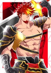 Rule 34 | 1boy, abs, armor, armored skirt, avant (brave frontier), bara, biceps, blonde hair, brave frontier, chest belt, facial hair, gauntlets, highres, holding, holding sword, holding weapon, kiazu114, large pectorals, male focus, manly, mature male, multicolored hair, muscular, muscular male, no shirt, over shoulder, pants, pectorals, red background, red eyes, red hair, scar, scar on chest, shoulder armor, solo, spiked hair, stubble, sword, weapon, weapon over shoulder