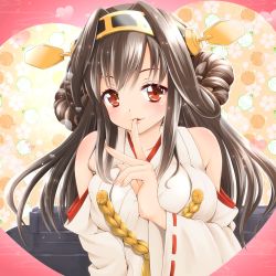 Rule 34 | 10s, 1girl, ahoge, breasts, brown eyes, brown hair, detached sleeves, double bun, finger to mouth, fujishima shinnosuke, hair ornament, hairband, headgear, heart, japanese clothes, kantai collection, kongou (kancolle), large breasts, long hair, looking at viewer, miko, nontraditional miko, parted lips, personification, ribbon-trimmed sleeves, ribbon trim, sinnosuke, smile, solo