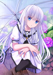 Rule 34 | 1girl, akausagi, ascot, black ascot, black socks, blue eyes, blunt ends, brown footwear, commentary request, day, expressionless, eyes visible through hair, feet out of frame, flower, hair between eyes, head tilt, highres, holding, holding umbrella, hydrangea, leaf, light blush, loafers, long hair, looking at viewer, naruse shiroha, outdoors, parted lips, puffy short sleeves, puffy sleeves, purple flower, rain, sailor collar, school uniform, shirt, shoes, short sleeves, sidelocks, socks, solo, squatting, straight hair, summer pockets, umbrella, very long hair, water drop, white hair, white sailor collar, white shirt, white umbrella