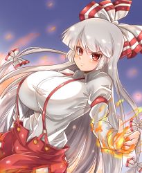 Rule 34 | 1girl, absurdres, baggy pants, breasts, buttons, collared shirt, fujiwara no mokou, highres, hime cut, large breasts, long hair, long sleeves, norori, pants, red eyes, red pants, shirt, sidelocks, sleeve garter, solo, suspenders, touhou, very long hair, white hair, white shirt