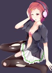 Rule 34 | 10s, 1girl, black pantyhose, black shirt, bra, collarbone, headphones, ilham, minase koito, musaigen no phantom world, one eye closed, open clothes, open mouth, open shirt, pantyhose, pink bra, pleated skirt, red eyes, red hair, shirt, short hair, simple background, sitting, skirt, solo, torn clothes, torn pantyhose, underwear, white skirt