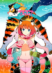 Rule 34 | 10s, 2010, animal ears, english text, hamamoto ryuusuke, highres, mittens, navel, new year, original, panties, scarf, short hair, smile, solo, tail, thighhighs, tiger, tiger ears, tiger tail, topless, underwear, underwear only