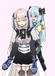 Rule 34 | 2girls, ankle boots, aqua bow, aqua bowtie, assault lily, black bow, black ribbon, black thighhighs, blue footwear, blue hair, blue ribbon, blunt bangs, blush, boots, bow, bowtie, breasts, brown footwear, brown thighhighs, carrying, carrying person, chimimago, closed eyes, commentary request, cowboy shot, cropped jacket, detached sleeves, epaulettes, fangs, flying sweatdrops, garter straps, hair between eyes, hair bow, hair ornament, hair ribbon, highres, light blush, light brown hair, long hair, looking at another, lower teeth only, medium breasts, miniskirt, mori tatsuki, multiple girls, neck ribbon, nose blush, official alternate costume, open mouth, parted lips, piggyback, pink background, pleated skirt, purple eyes, raised eyebrows, ribbon, school uniform, shirt, sidelocks, simple background, skirt, sleeveless, sleeveless shirt, smile, standing, sweatdrop, tada shiera, teeth, thighhighs, two-tone footwear, two side up, underbust, very long hair, waist cape, white shirt, yurigaoka girls academy school uniform