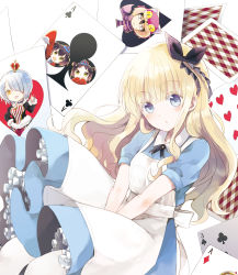 Rule 34 | 10s, 1boy, 4girls, :o, absurdres, ace (playing card), ace of clubs, ace of diamonds, ace of spades, alice (alice in wonderland), alice (alice in wonderland) (cosplay), alice in wonderland, apron, black ribbon, blonde hair, blue dress, blue eyes, blush, brown hair, card, chartreux westia, cheshire cat (alice in wonderland), cheshire cat (cosplay), club (shape), collarbone, collared dress, commentary request, cosplay, diamond (shape), double bun, dress, gem (symbol), green eyes, hair between eyes, hair bun, hair over one eye, hair ribbon, hat, head tilt, heart, highres, inuzuka romio, jacket, juliet persia, kishuku gakkou no juliet, long hair, long sleeves, looking at viewer, multiple girls, natsupa, orange eyes, parted lips, playing card, puffy short sleeves, puffy sleeves, red jacket, ribbon, short sleeves, side bun, silver hair, single side bun, sleeves past fingers, sleeves past wrists, spade (shape), striped clothes, striped headwear, tweedledee (cosplay), tweedledee (wonderland), tweedledum (cosplay), tweedledum (wonderland), very long hair, wang kochou, wang teria, white apron