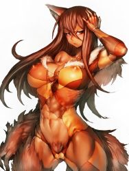 Rule 34 | 1girl, abs, animal ears, blush, breasts, brown eyes, brown hair, covered navel, dark skin, dark-skinned female, covered erect nipples, fang, female focus, fumio (rsqkr), kill everything, laily, large breasts, long hair, monster girl, muscular, muscular female, pout, simple background, solo, tail, thick thighs, thighs, toned, werewolf, white background, wolf ears, wolf tail