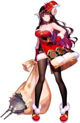 Rule 34 | 1girl, armpits, azur lane, bare shoulders, black hair, black pantyhose, blunt bangs, breasts, choker, cleavage, closed eyes, closed mouth, curled horns, dress, flower, frown, fur-trimmed dress, fur-trimmed gloves, fur trim, fuzichoco, gloves, hair flower, hair ornament, hand on own hip, hat, highres, horns, house, large breasts, long hair, multicolored hair, official alternate costume, official art, open mouth, pantyhose, pink hair, red flower, santa hat, standing, strapless, strapless dress, suruga (azur lane), suruga (uneventful holiday greetings) (azur lane), transparent background, two-tone hair
