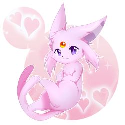 Rule 34 | animal focus, closed mouth, creatures (company), espeon, fluffy, forehead jewel, forked tail, full body, game freak, gem, gen 2 pokemon, happy, heart, heart background, highres, kryztar, looking at viewer, nintendo, no humans, outline, pink background, pokemon, pokemon (creature), purple eyes, smile, solo, sparkle, split mouth, tail, two-tone background, white outline