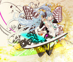 Rule 34 | 1girl, bad id, bad pixiv id, barefoot, blue hair, bridal gauntlets, bridget00747, butterfly wings, closed eyes, female focus, flower, full body, hatsune miku, hatsune miku (append), highres, insect wings, long hair, necktie, piano keys, smile, solo, thighhighs, twintails, very long hair, vocaloid, vocaloid append, wings