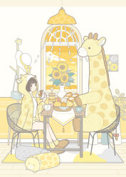 Rule 34 | 1girl, absurdres, animal-shaped pillow, animal-themed food, animal ears, animal hood, animal print, bag, baguette, basket, beach, black hair, blue bag, bow, bowtie, bread, ceiling light, cinnamon roll, cloud, coat rack, coffee mug, cup, doughnut, eating, flower, food, giraffe, giraffe ears, giraffe hood, giraffe horns, giraffe print, hat, highres, holding, holding food, hood, hoodie, horns, hot dog, indoors, looking at viewer, melon bread, mug, ocean, on chair, orange sky, original, pillow, placemat, plant, potted plant, rug, shirt, short hair, short shorts, shorts, shoulder bag, sitting, sky, socks, striped clothes, striped shorts, stuffed animal, stuffed toy, sun hat, sunflower, table, tablecloth, tail, tail bow, tail ornament, white shirt, window, wooden floor, yellow hoodie, yellow shorts, yellow socks, yellow theme, yoshimon