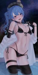 Rule 34 | 1girl, :d, absurdres, barbell piercing, beret, bikini, black bikini, black choker, black gloves, black pantyhose, blue eyes, blue hair, breasts, choker, clothes pull, contrapposto, crown, ear piercing, gloves, grin, hat, highres, hololive, hoshimachi suisei, industrial piercing, long hair, looking at viewer, mini crown, navel, night, open mouth, pantyhose, pantyhose pull, partially fingerless gloves, piercing, plaid headwear, shooting star, side-tie bikini bottom, side ponytail, skindentation, sky, small breasts, smile, solo, star (sky), star (symbol), star in eye, starry sky, stomach, strap pull, swimsuit, symbol in eye, thigh strap, tojo aoi, virtual youtuber, wading, water, wavy hair, wet