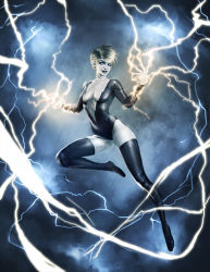 Rule 34 | 1girl, blonde hair, bodysuit, boots, breasts, cleavage, cloud, colored skin, covered navel, dc comics, electricity, kike1988, lipstick, livewire, makeup, rain, short hair, solo, teeth, toon (style), white eyes, white skin