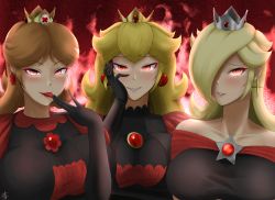 Rule 34 | 3girls, :3, absurdres, alternate color, arm up, artist name, bad id, bad pixiv id, bare shoulders, black dress, black gloves, blonde hair, blush, breast hold, breasts, brooch, brown hair, collarbone, crown, dress, earrings, elbow gloves, fiery background, finger to mouth, finger to tongue, fire, flipped hair, flower earrings, furrowed brow, gem, gloves, glowing, glowing eyes, grin, hair over one eye, hand on own face, hand up, hiby, highres, huge filesize, jewelry, large breasts, licking, licking finger, light blush, lips, long hair, looking at viewer, mario (series), medium breasts, medium hair, mole, mole under mouth, multiple girls, narrowed eyes, nintendo, off-shoulder dress, off shoulder, parted bangs, parted lips, pink lips, princess, princess daisy, princess peach, puffy short sleeves, puffy sleeves, red background, red dress, red eyes, red gemstone, rosalina, short sleeves, smile, sparkling eyes, star (symbol), star earrings, super mario bros. 1, super mario galaxy, super mario land, super smash bros., taut clothes, taut dress, teeth, tongue, tongue out, two-tone dress, upper body