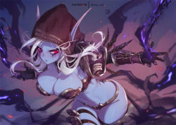 Rule 34 | 1girl, armor, bikini armor, black gloves, blue skin, bracer, breasts, colored skin, commentary, cowboy shot, ears through headwear, elf, english commentary, floating hair, gloves, hood, hood up, large breasts, leaning forward, long eyebrows, long hair, looking at viewer, mitsu (mitsu art), parted lips, patreon username, pointy ears, red eyes, shoulder armor, silver hair, solo, sylvanas windrunner, warcraft, world of warcraft
