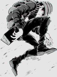 Rule 34 | 1boy, arm at side, chrollo lucilfer, dated, earrings, full body, greyscale, hat, highres, hunter x hunter, jacket, jewelry, jumping, kana129, long sleeves, looking away, male focus, monochrome, motion blur, pants, profile, shoe soles, shoes, short hair, solo