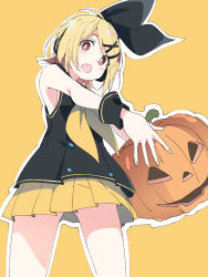 Rule 34 | 1girl, black hairband, blonde hair, blush, fang, food, hair ornament, hairband, halloween, holding, holding food, holding pumpkin, holding vegetable, ixy, jack-o&#039;-lantern, kagamine rin, looking at viewer, open mouth, pleated skirt, pumpkin, red eyes, short hair, simple background, skirt, sleeveless, solo, standing, vegetable, vocaloid, x hair ornament, yellow background, yellow skirt
