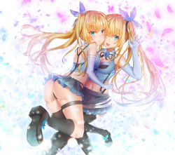 Rule 34 | 2girls, :&lt;, :d, arm up, armpits, ass, bare shoulders, black ribbon, black skirt, black socks, blonde hair, blue eyes, blue flower, blue gloves, blue ribbon, blue rose, blue shirt, blue skirt, blush, bow, breasts, brown footwear, cleavage, closed mouth, collarbone, collared shirt, commentary request, crop top, dual persona, elbow gloves, floating hair, flower, footwear ribbon, gloves, glowing, glowing petals, hair between eyes, hair bow, hair tie, highres, kneehighs, leg up, light particles, long hair, looking at viewer, maze yuri, medium breasts, microskirt, midriff, miniskirt, mirai akari, mirai akari project, multiple girls, navel, neck ribbon, open mouth, outstretched hand, petals, pleated skirt, ribbon, rose, round teeth, shirt, shoes, shoulder blades, side ponytail, sidelocks, single thighhigh, skirt, smile, socks, suspender skirt, suspenders, teeth, thigh strap, thighhighs, thong, v-shaped eyebrows, very long hair, virtual youtuber, white background