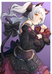 Rule 34 | 1girl, animal ears, bare shoulders, black bow, black dress, black ribbon, black skirt, blunt bangs, border, bow, cat ears, cat tail, commentary request, detached sleeves, dress, fang, gothic lolita, hair ribbon, highres, hololive, lolita fashion, long hair, long sleeves, looking at viewer, mikan (chipstar182), murasaki shion, murasaki shion (gothic lolita), paw pose, purple background, ribbon, simple background, skin fang, skirt, solo, tail, tail bow, tail ornament, virtual youtuber, white border, white hair, yellow eyes