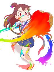 Rule 34 | 10s, 1girl, asymmetrical bangs, broom, brown hair, highres, holding, holding broom, kagari atsuko, little witch academia, no shoes, paint, paint splatter, paint stains, red eyes, school uniform, short ponytail, tei-o, white background