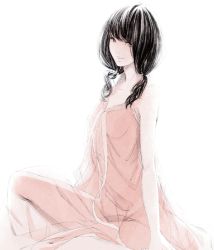 Rule 34 | 1girl, arm support, bare shoulders, black hair, indian style, nightgown, see-through, simple background, sitting, solo, sousou (sousouworks), twintails, white background