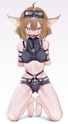 Rule 34 | 1girl, absurdres, aciddrop (arknights), ahoge, animal ears, arknights, ball, ball gag, bdsm, blue eyes, bondage, bound, bound arms, breasts, bright pupils, brown hair, full body, gag, gagged, goggles, goggles on head, harness, highres, kneeling, looking at viewer, medium breasts, saaal653, second-party source, short hair, short shorts, shorts, skindentation, solo, variant set, white pupils, wiffle gag