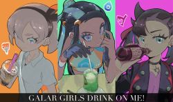 Rule 34 | 3girls, armlet, asymmetrical bangs, bad id, bad twitter id, bea (pokemon), between breasts, black hair, black jacket, blue eyes, blue eyeshadow, blue hair, bottle, bow hairband, breasts, brown choker, brown hairband, cherry, choker, closed mouth, collarbone, collared shirt, commentary, creatures (company), cup, dark-skinned female, dark skin, disposable cup, dress, drinking, drinking straw, dynamax band, earrings, eyelashes, eyeshadow, food, fruit, game freak, glass, gloves, green eyes, grey eyes, gym leader, hair between eyes, hair bun, hair ribbon, hairband, hand up, hands up, highres, holding, holding bottle, holding drinking straw, hoop earrings, jacket, jewelry, light brown hair, liquid, long hair, looking at viewer, makeup, marnie (pokemon), multicolored hair, multiple girls, necklace, nessa (pokemon), nintendo, official alternate costume, open clothes, open jacket, partially fingerless gloves, pokemon, pokemon swsh, purple dress, red ribbon, ribbon, saucer, school uniform, shiny clothes, shirt, short hair, short sleeves, single glove, single hair bun, smile, spoon, strap between breasts, sukoyaka lion, table, twintails, two-tone hair, upper body, white shirt
