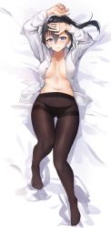 Rule 34 | 1girl, arms up, bed sheet, black hair, black panties, black pantyhose, blue eyes, blush, breasts, collarbone, dakimakura (medium), dress shirt, feet, fingernails, from above, frown, gluteal fold, hair between eyes, hair in own mouth, hand on forehead, highres, knee up, lingerie, lips, looking at viewer, lying, medium breasts, mole, mole under eye, mouth hold, nail polish, navel, no bra, on back, open clothes, open hand, open shirt, original, palms, panties, pantyhose, pink nails, shiny clothes, shirt, solo, tapioka (oekakitapioka), thigh gap, thighband pantyhose, unbuttoned, underwear