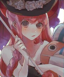 Rule 34 | 1girl, blunt bangs, braid, close-up, flower, hat, highres, holding, holding umbrella, kumacy, long hair, looking at viewer, machida 0906, mask, mouth mask, one piece, perona, pink hair, rose, sidelocks, simple background, solo, stuffed toy, top hat, umbrella, white background, white flower, white rose