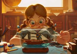 Rule 34 | 1girl, :p, alkemanubis, backlighting, blue eyes, blush, book, book stack, bookshelf, bottle, braid, brown hair, child, commentary, concentrating, day, english commentary, facing viewer, full-face blush, glasses, globe, hair ornament, highres, indoors, long hair, low twintails, original, paintbrush, parted bangs, pencil, pin, room, roomscape, round eyewear, sailor collar, school uniform, serafuku, ship, ship in a bottle, solo, tongue, tongue out, twin braids, twintails, watercraft, window